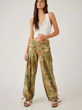 Free People Olive & Khaki Tie-Dye Wide Leg Cargo Pants
